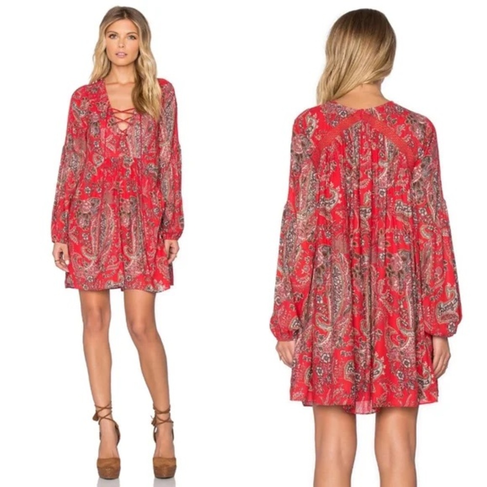 Free People Red Paisley Lace-Up Mini Dress